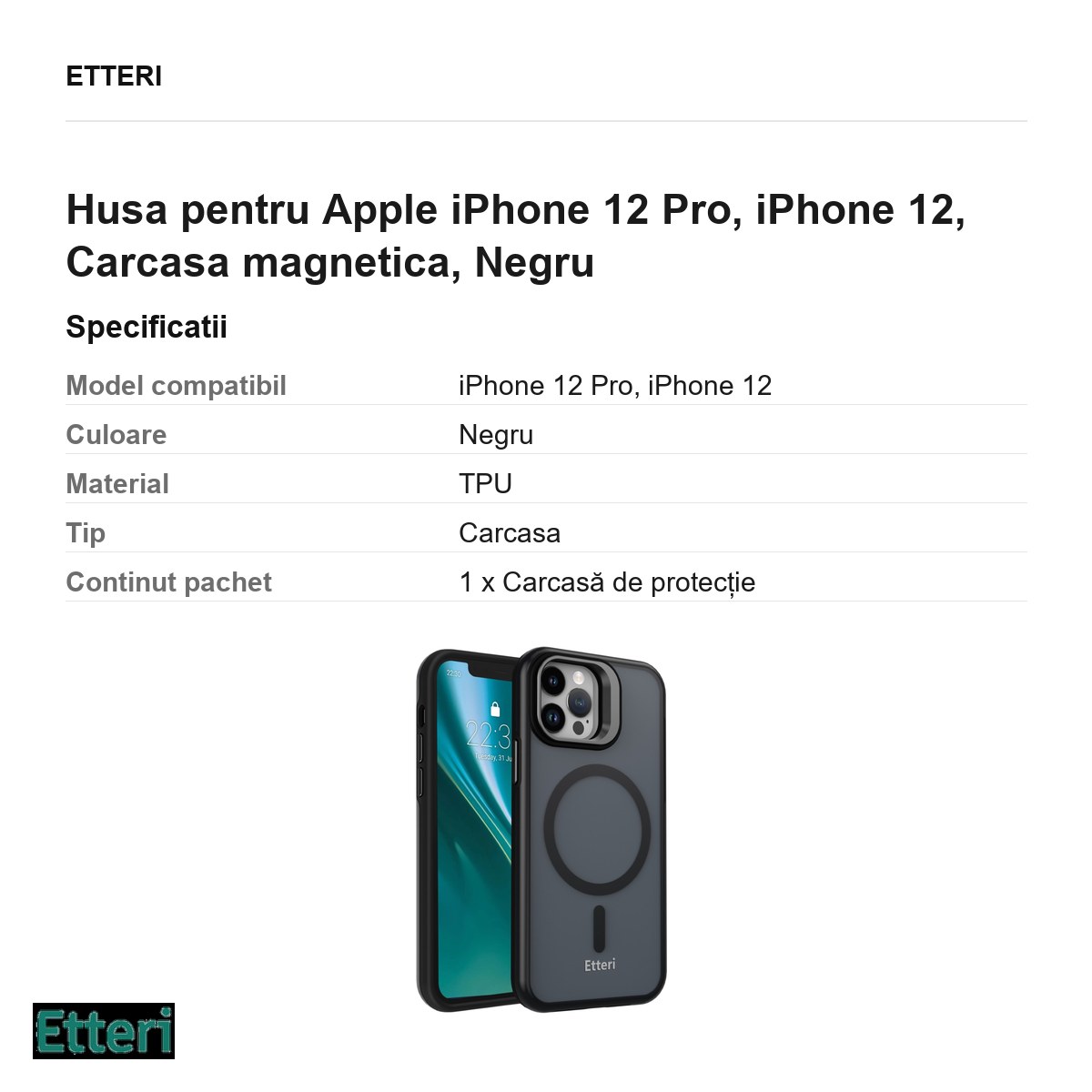 Husa Etteri Morning Fog pentru Apple iPhone 12 Pro, iPhone 12, Carcasa magnetica, Negru [2]