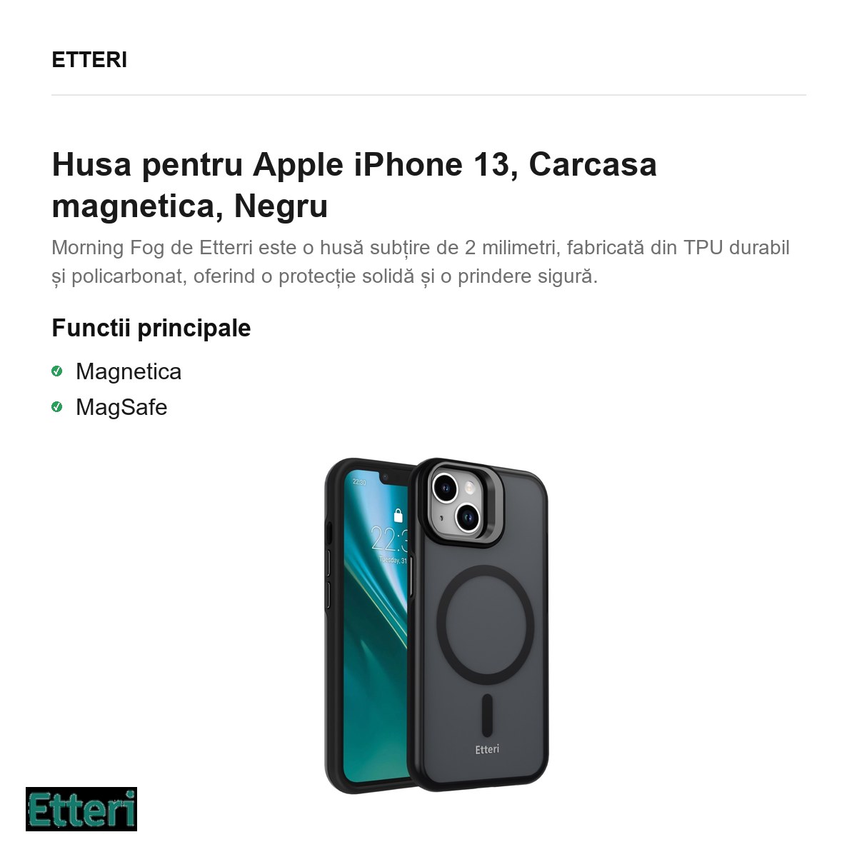 Husa Etteri Morning Fog pentru Apple iPhone 13, Carcasa magnetica, Negru [1]