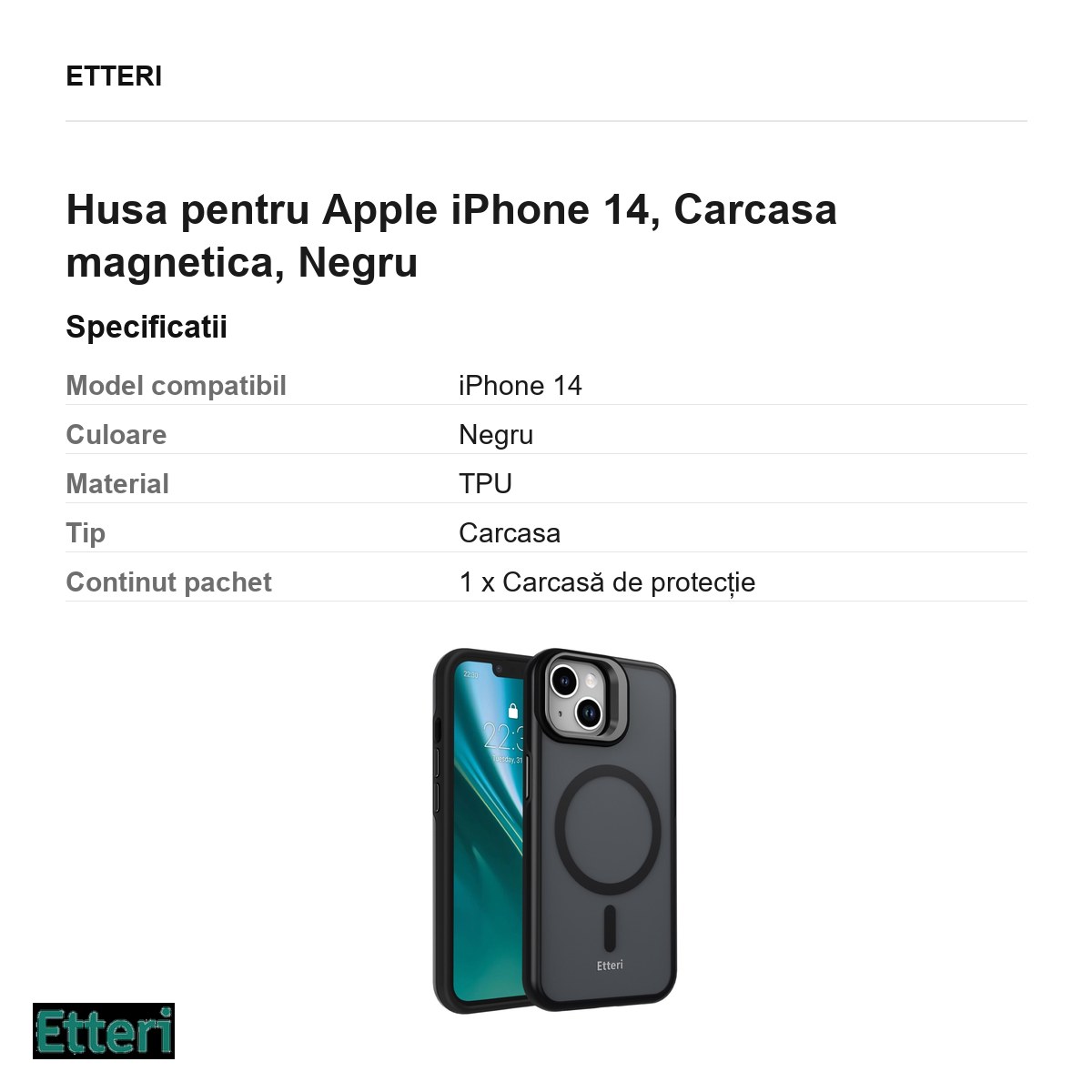 Husa Etteri Morning Fog pentru Apple iPhone 14, Carcasa magnetica, Negru [2]