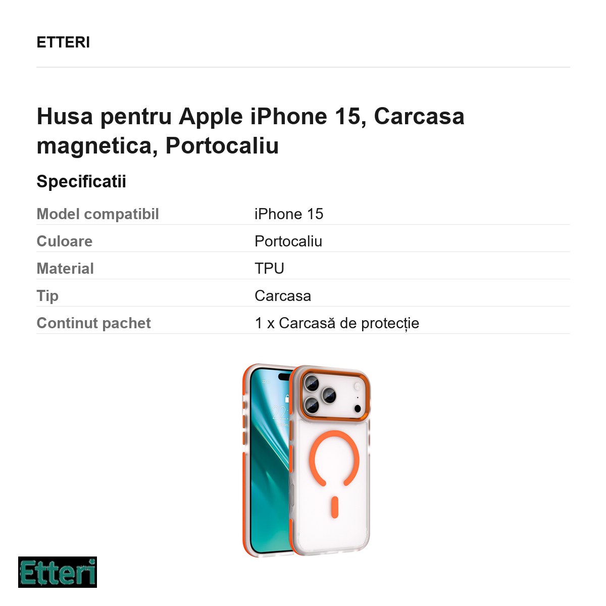 Husa Etteri Icy Mag pentru Apple iPhone 15, Carcasa magnetica, Portocaliu [2]
