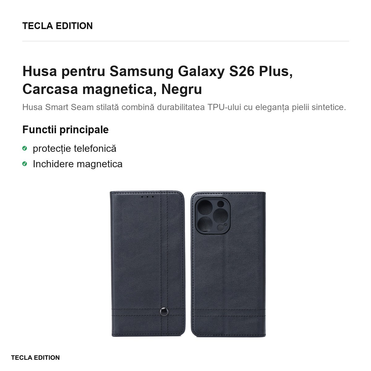 Husa Smart Seam pentru Samsung Galaxy S26 Plus, tip carte cu inchidere magnetica, Negru [1]