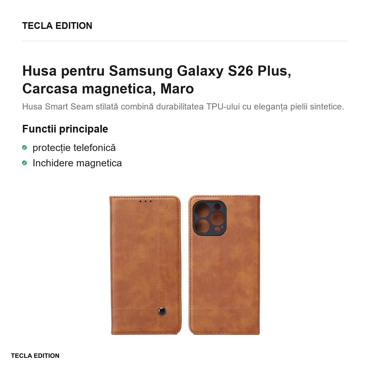Husa Smart Seam pentru Samsung Galaxy S26 Plus, tip carte cu inchidere magnetica, Maro [1]