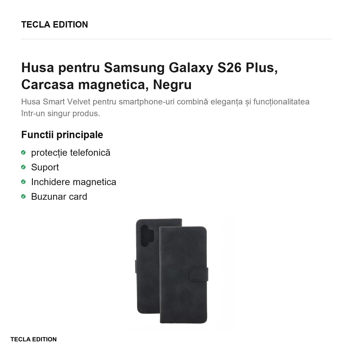 Husa Smart Velvet pentru Samsung Galaxy S26 Plus, tip carte cu inchidere magnetica, Negru [1]