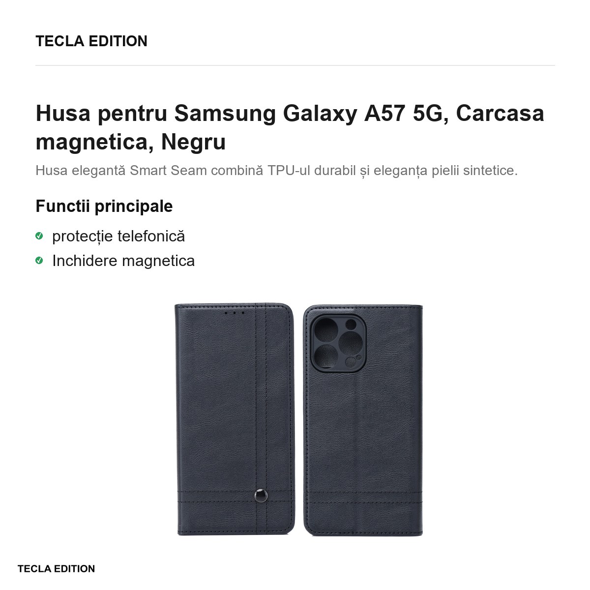 Husa Smart Seam pentru Samsung Galaxy A57 5G, tip carte cu inchidere magnetica, Negru [1]