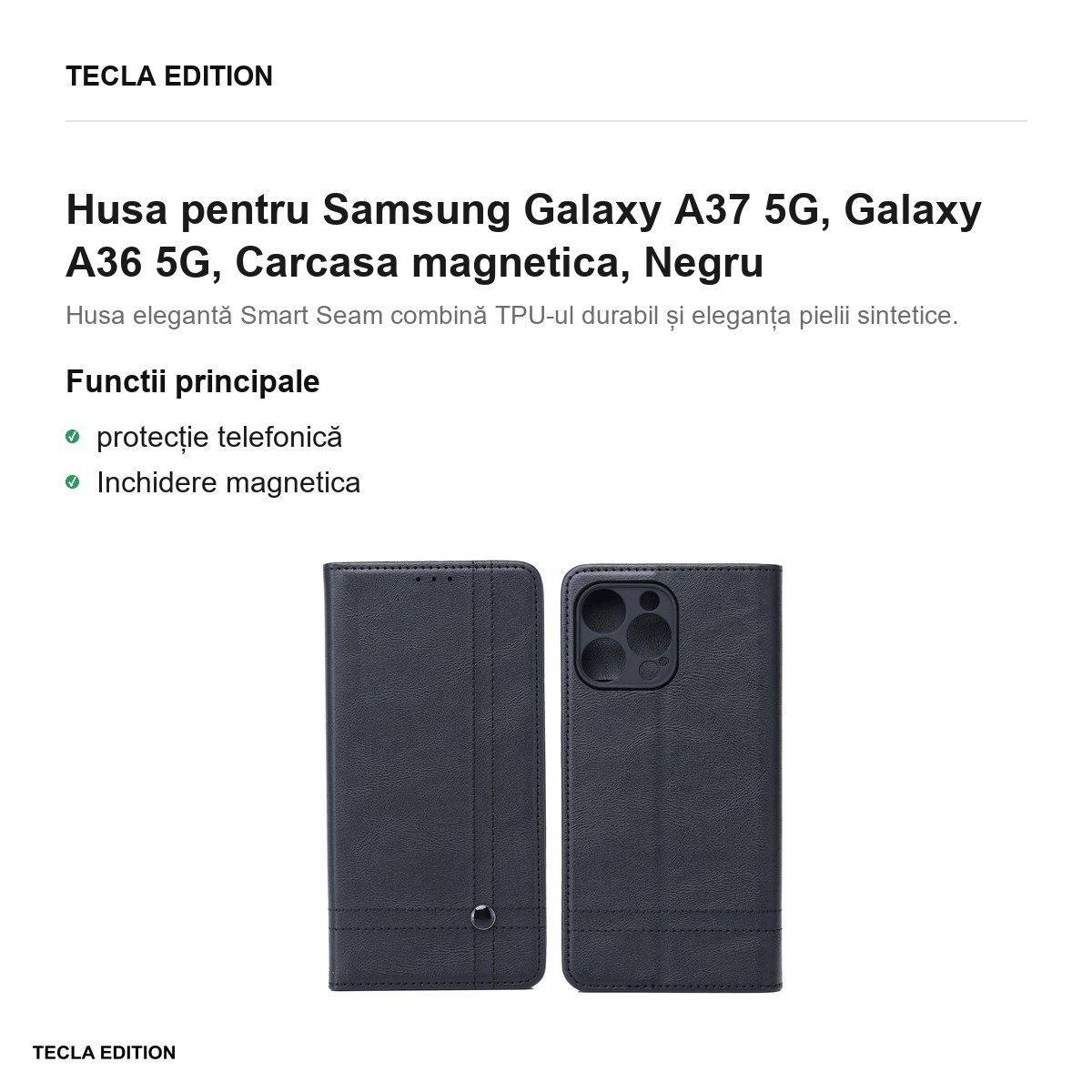 Husa Smart Seam pentru Samsung Galaxy A37 5G, Galaxy A36 5G, tip carte cu inchidere magnetica, Negru [1]