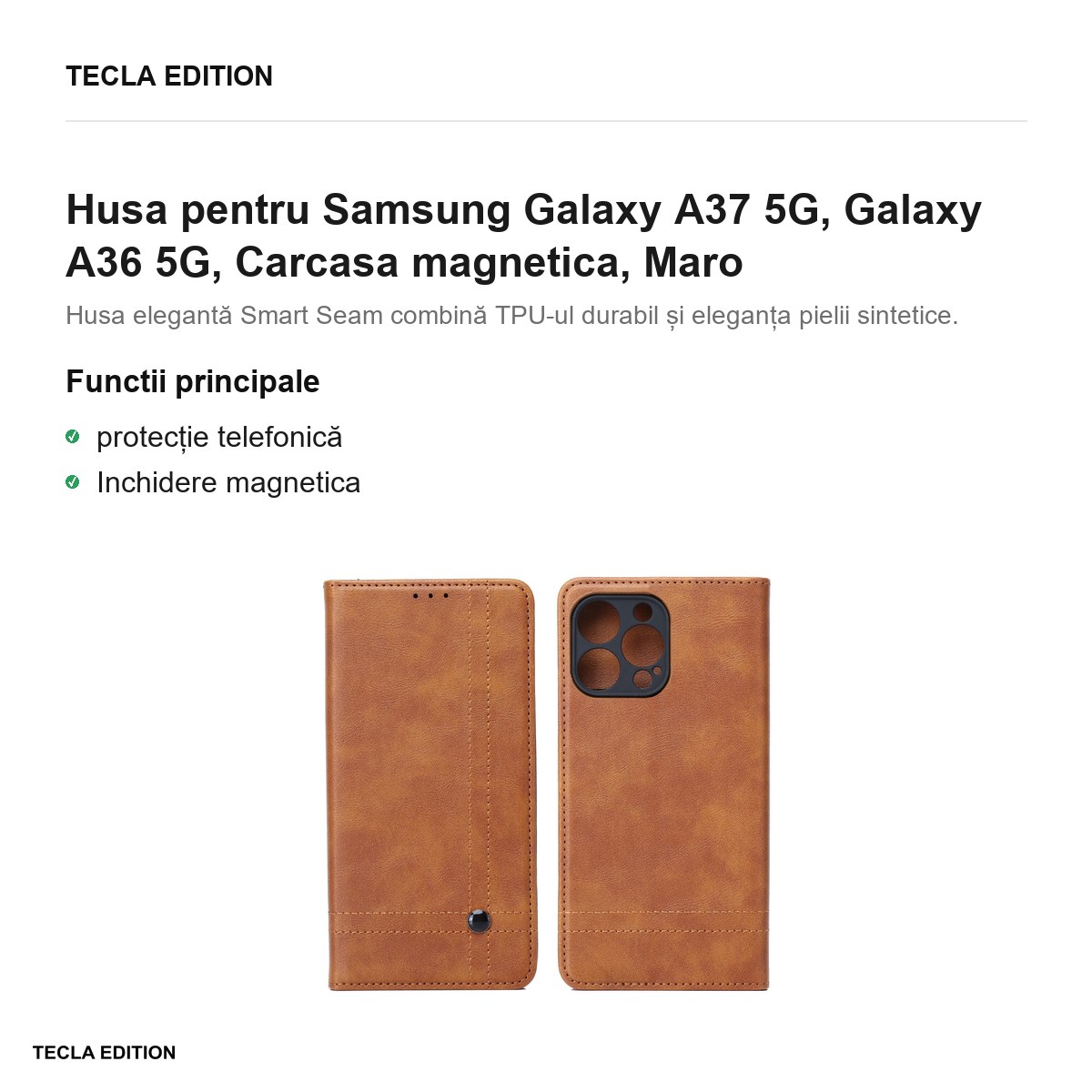 Husa Smart Seam pentru Samsung Galaxy A37 5G, Galaxy A36 5G, tip carte cu inchidere magnetica, Maro [1]
