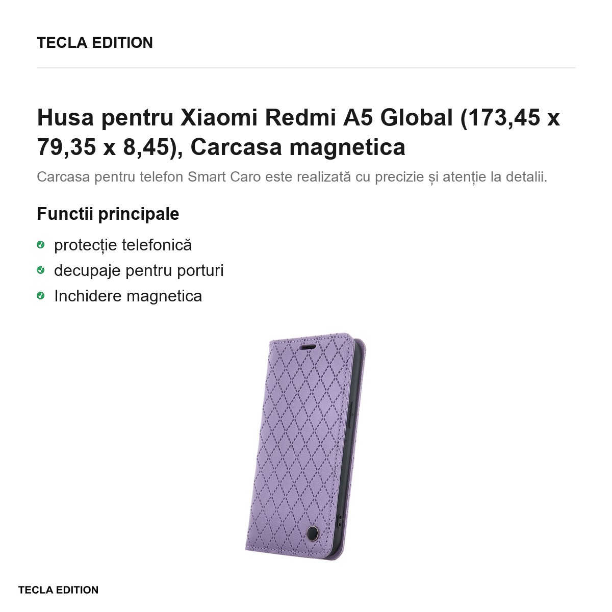 Husa Smart Caro pentru Xiaomi Redmi A5 Global, tip carte cu inchidere magnetica, Violet [1]