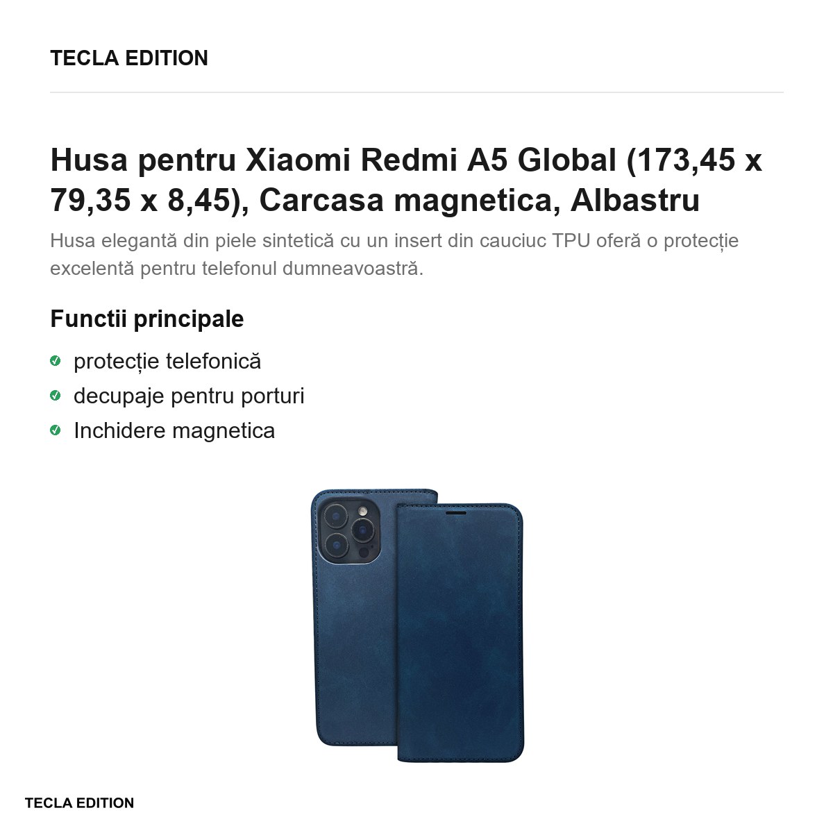 Husa Smart Suede pentru Xiaomi Redmi A5 Global, tip carte cu inchidere magnetica, Albastru [1]
