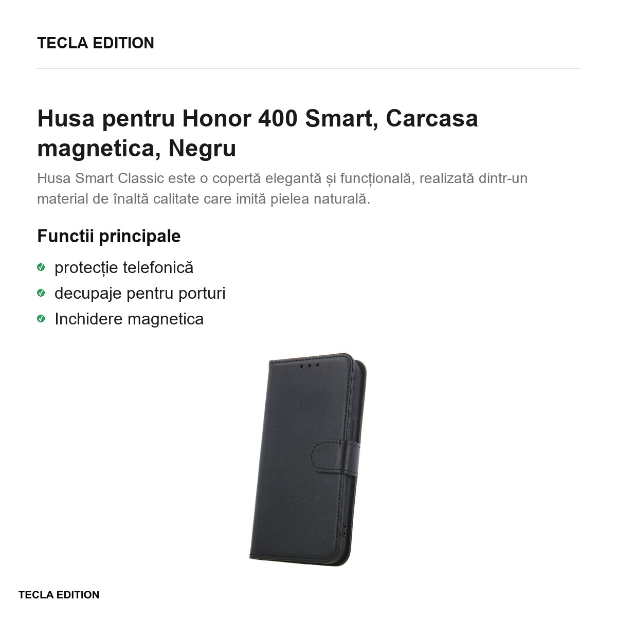 Husa Smart Classic pentru Honor 400 Smart, tip carte cu inchidere magnetica, Negru [1]