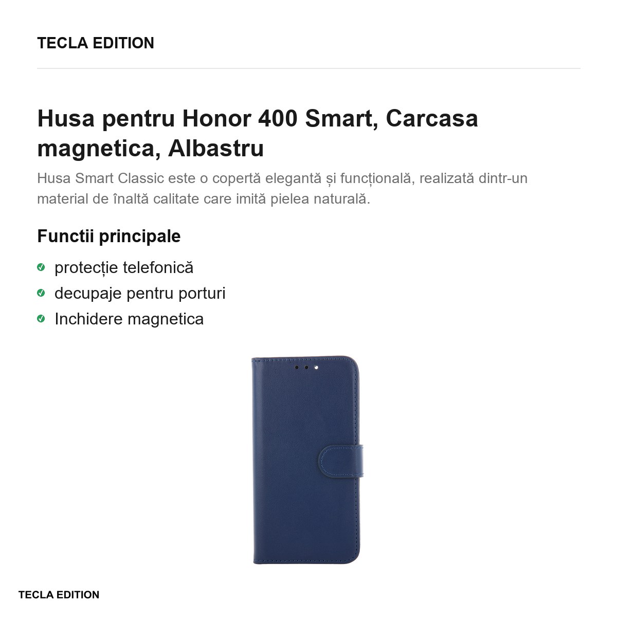 Husa Smart Classic pentru Honor 400 Smart, tip carte cu inchidere magnetica, Albastru [1]