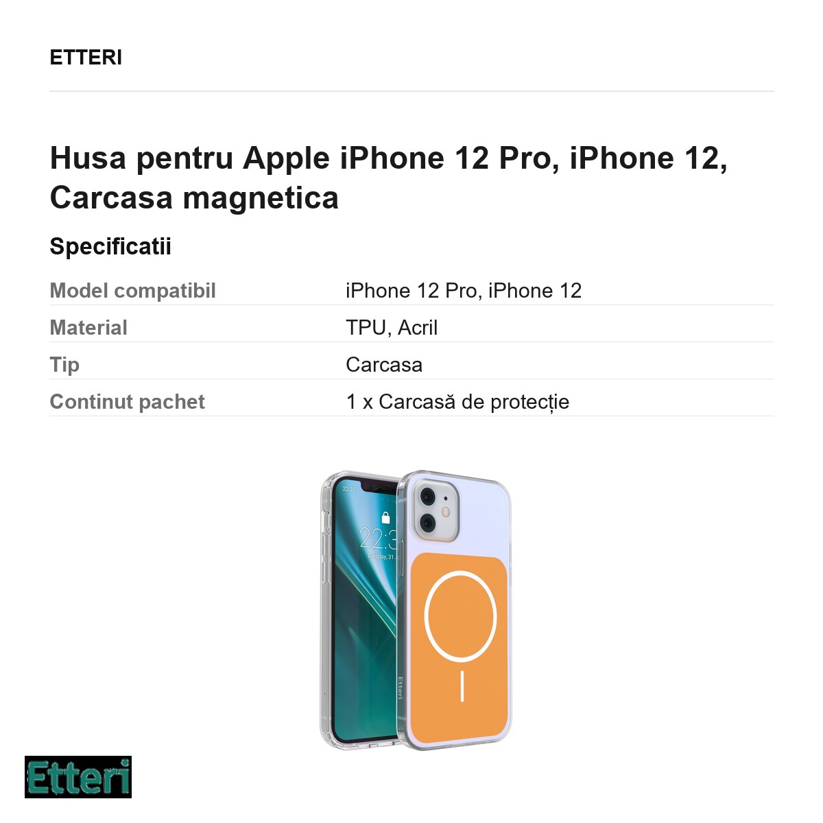 Husa Etteri Hidden Pearl pentru Apple iPhone 12 Pro, iPhone 12, Carcasa magnetica, Portocaliu [2]