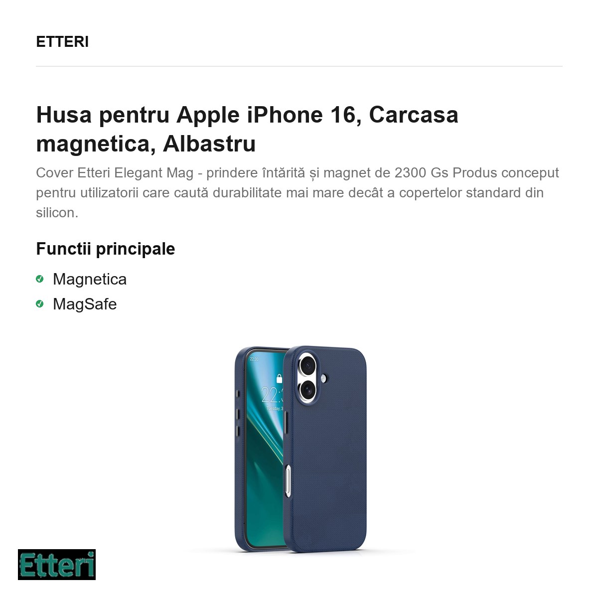 Husa Etteri Elegant Mag pentru Apple iPhone 16, Carcasa magnetica, Albastru [1]