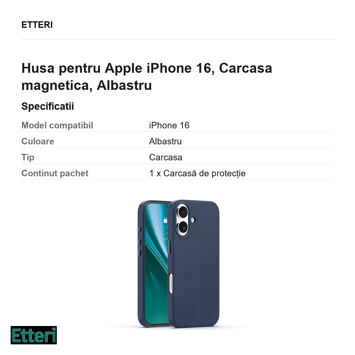 Husa Etteri Elegant Mag pentru Apple iPhone 16, Carcasa magnetica, Albastru [2]