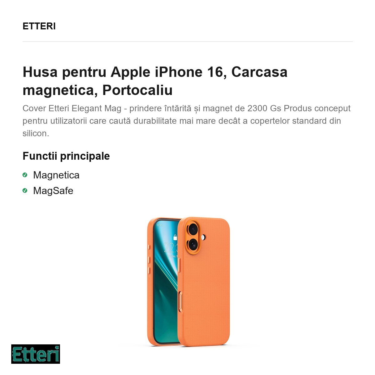 Husa Etteri Elegant Mag pentru Apple iPhone 16, Carcasa magnetica, Portocaliu [1]