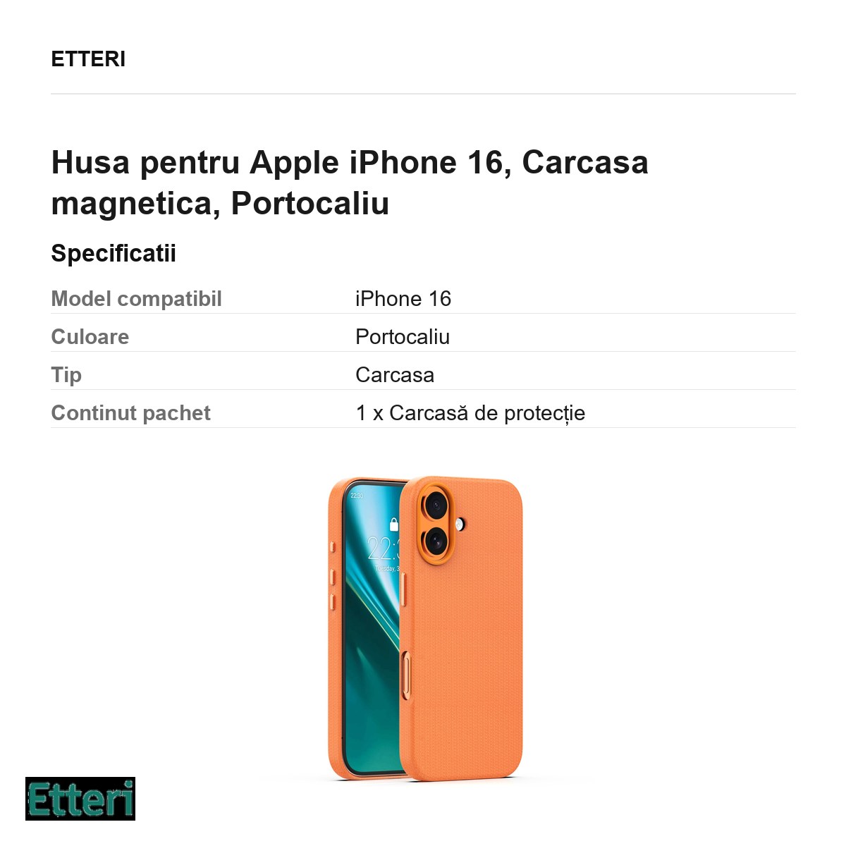 Husa Etteri Elegant Mag pentru Apple iPhone 16, Carcasa magnetica, Portocaliu [2]