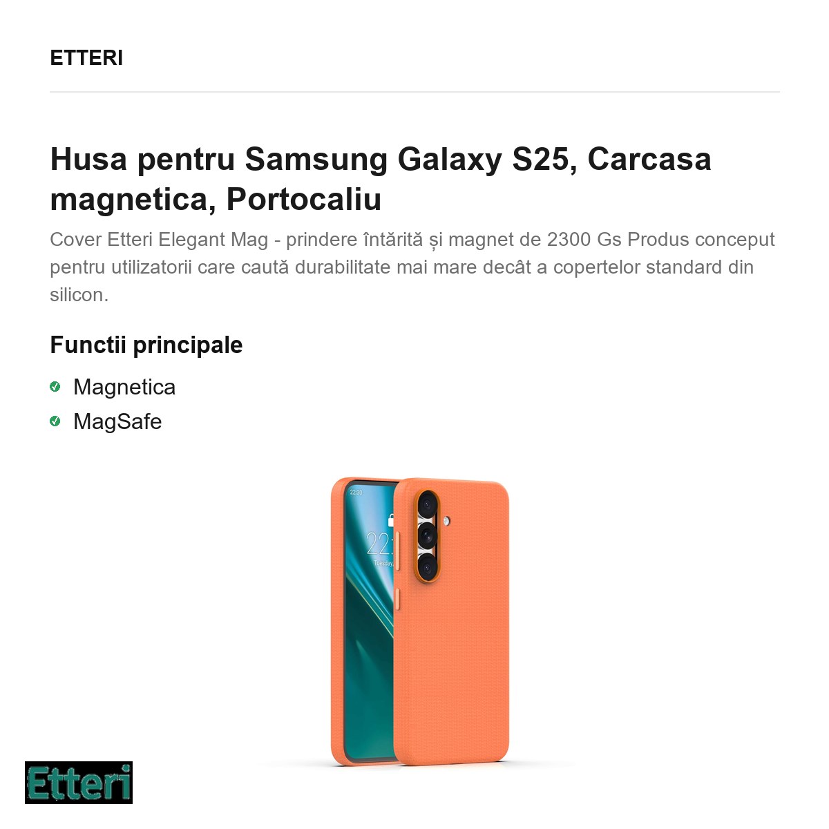 Husa Etteri Elegant Mag pentru Samsung Galaxy S25, Carcasa magnetica, Portocaliu [1]