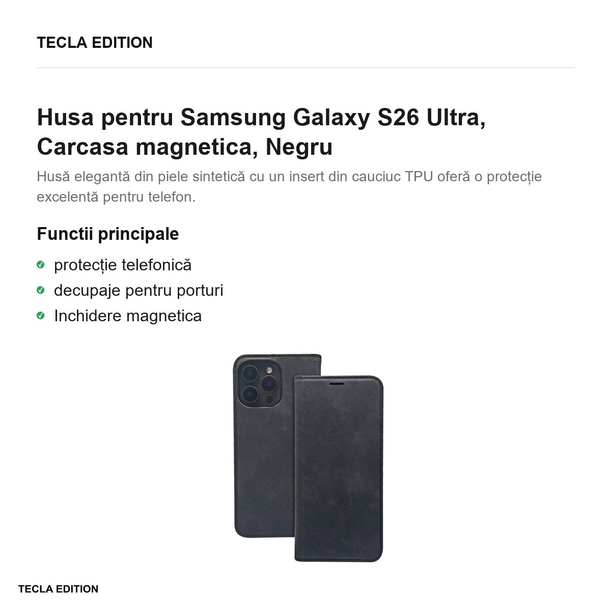 Husa Smart Suede pentru Samsung Galaxy S26 Ultra, tip carte cu inchidere magnetica, Negru [1]