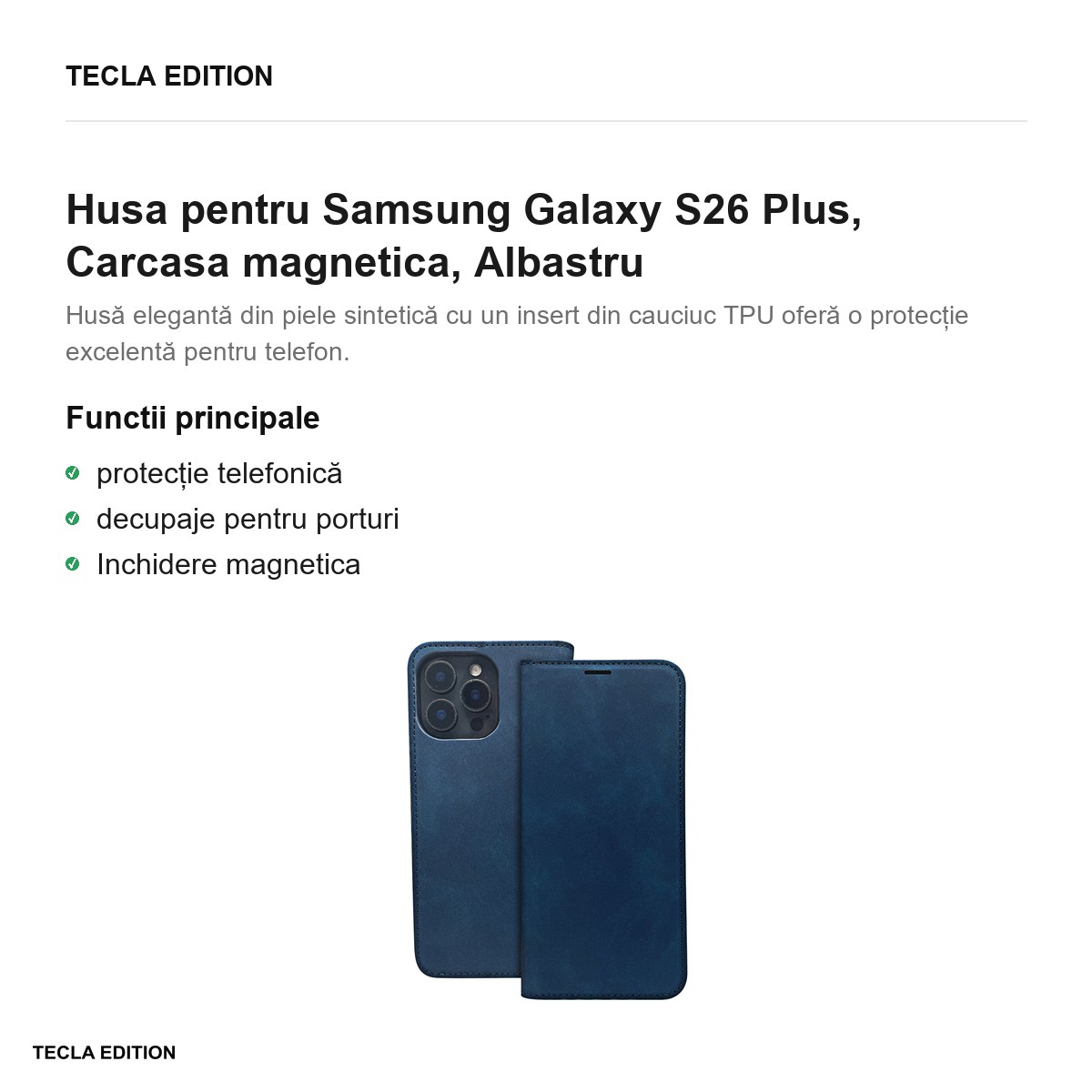 Husa Smart Suede pentru Samsung Galaxy S26 Plus, tip carte cu inchidere magnetica, Albastru [1]