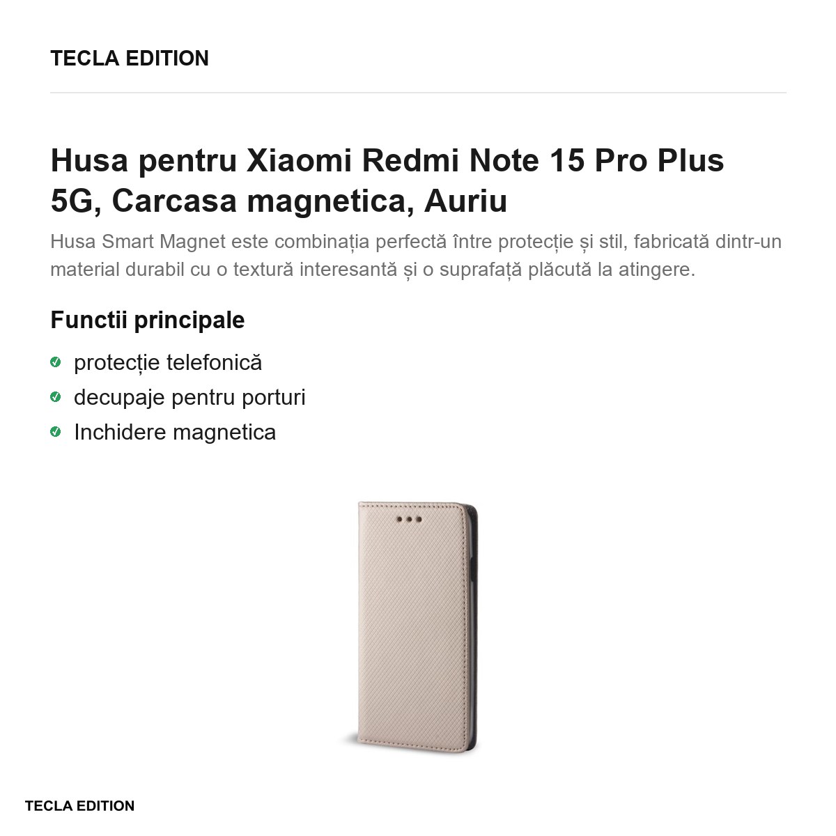 Husa Smart Magnet pentru Xiaomi Redmi Note 15 Pro Plus 5G, tip carte cu inchidere magnetica, Auriu [1]