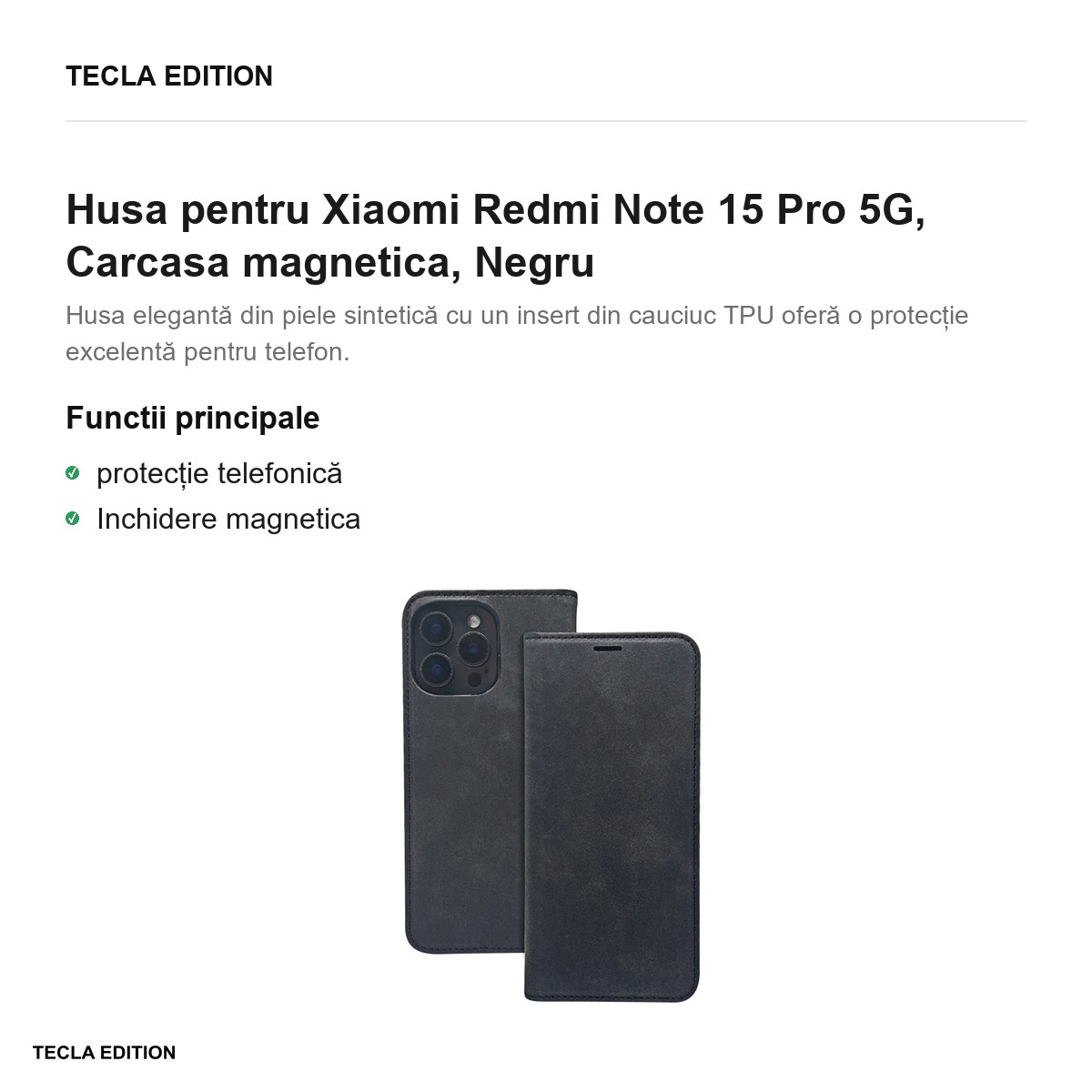 Husa Smart Suede pentru Xiaomi Redmi Note 15 Pro 5G, tip carte cu inchidere magnetica, Negru [1]