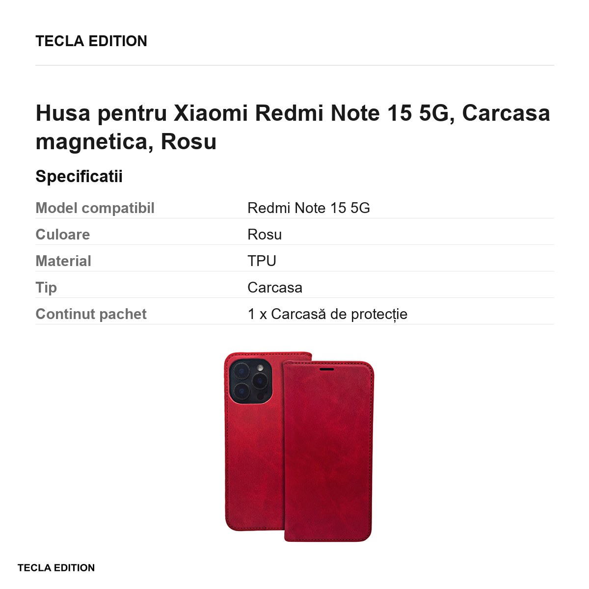 Husa Smart Suede pentru Xiaomi Redmi Note 15 5G, tip carte cu inchidere magnetica, Rosu [2]