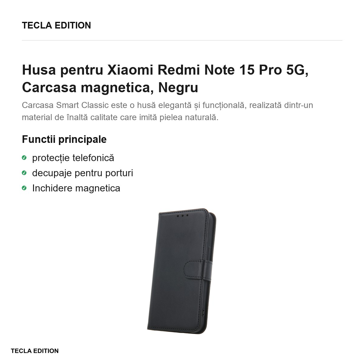 Husa Smart Classic pentru Xiaomi Redmi Note 15 Pro 5G, tip carte cu inchidere magnetica, Negru [1]