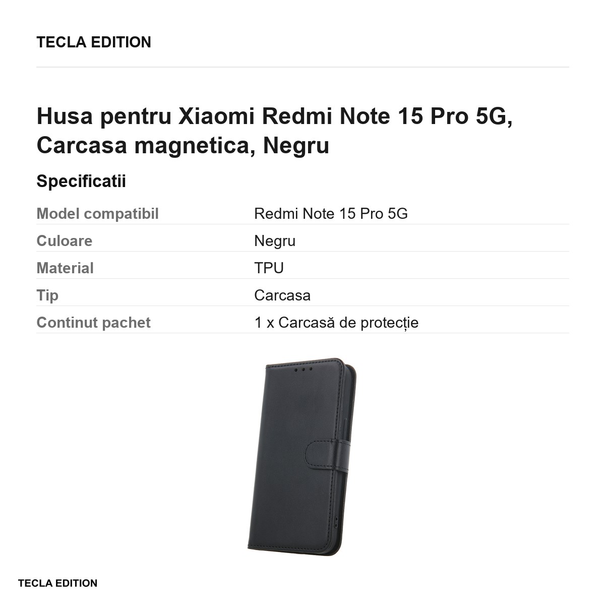 Husa Smart Classic pentru Xiaomi Redmi Note 15 Pro 5G, tip carte cu inchidere magnetica, Negru [2]