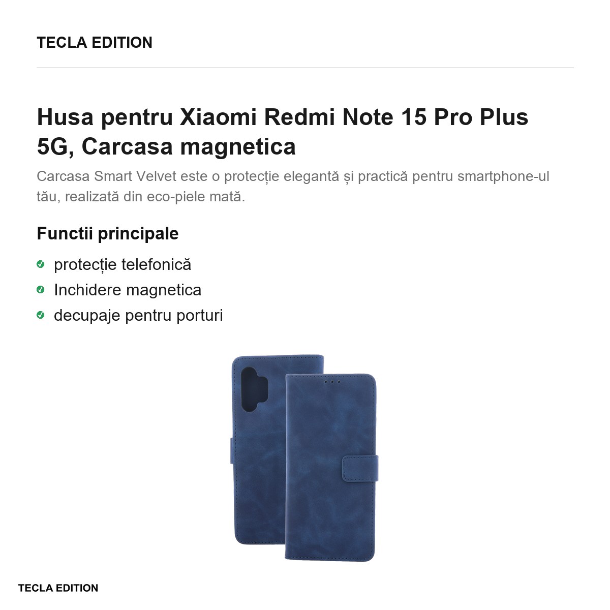 Husa Smart Velvet pentru Xiaomi Redmi Note 15 Pro Plus 5G, tip carte cu inchidere magnetica, Albastru [1]