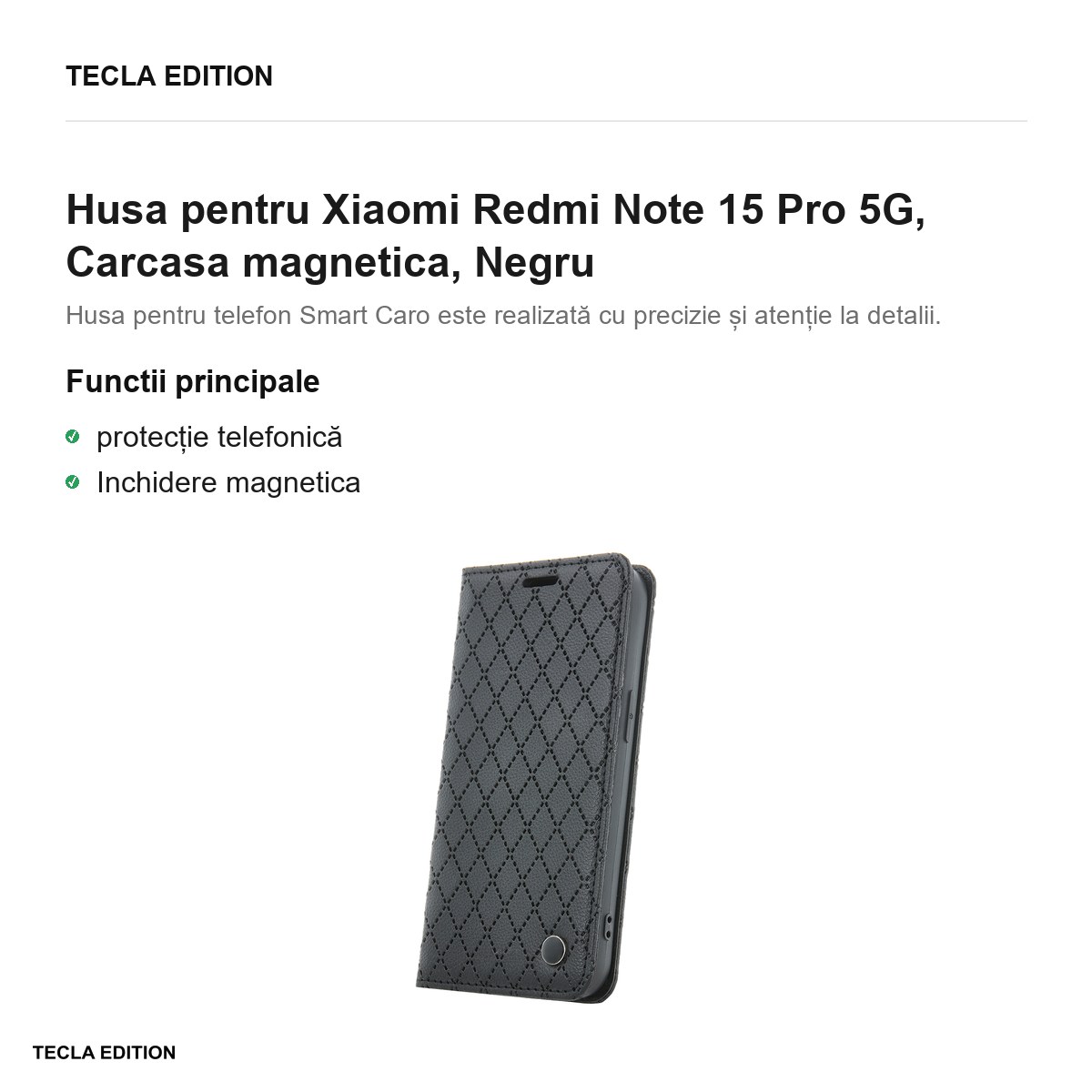Husa Smart Caro pentru Xiaomi Redmi Note 15 Pro 5G, tip carte cu inchidere magnetica, Negru [1]