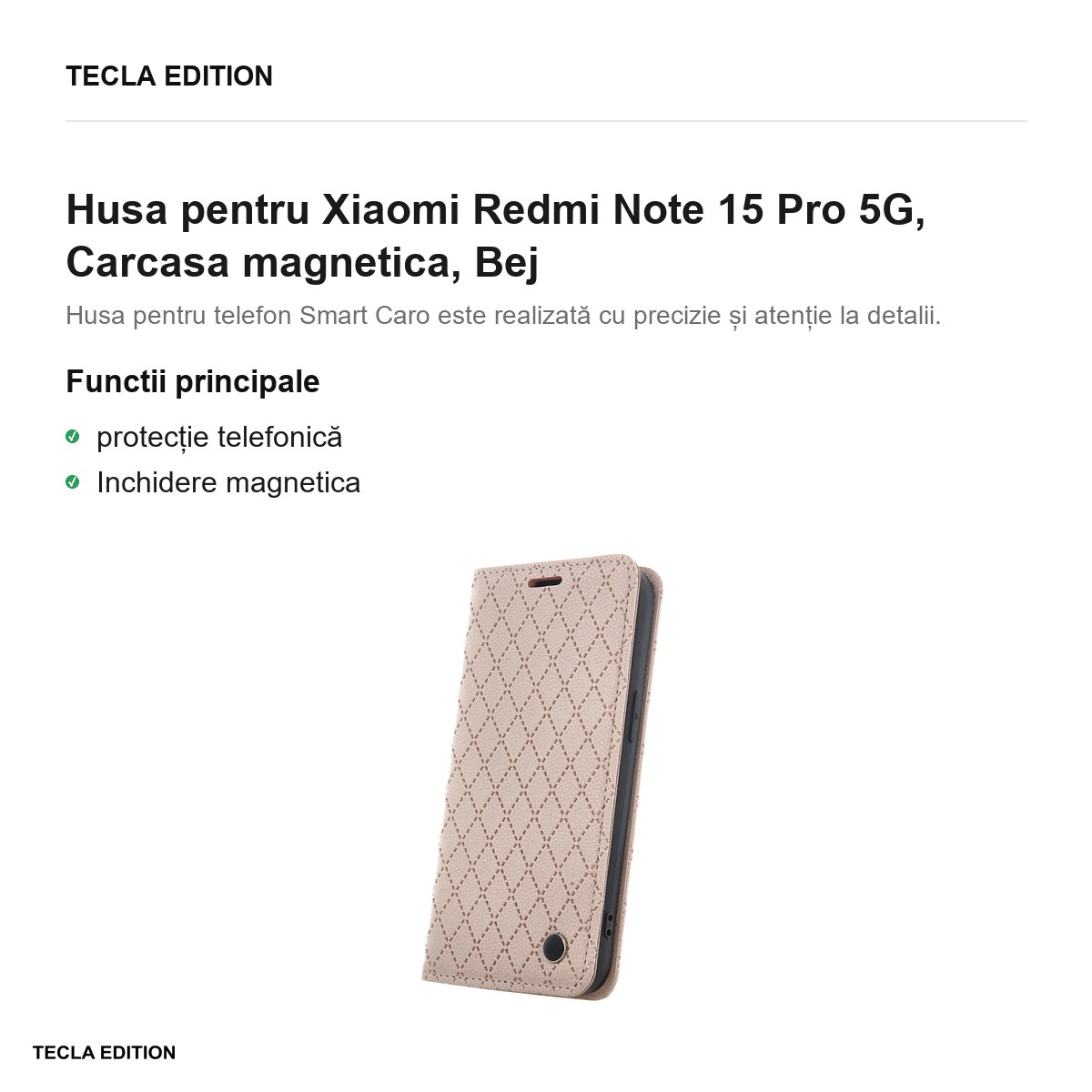 Husa Smart Caro pentru Xiaomi Redmi Note 15 Pro 5G, tip carte cu inchidere magnetica, Bej [1]