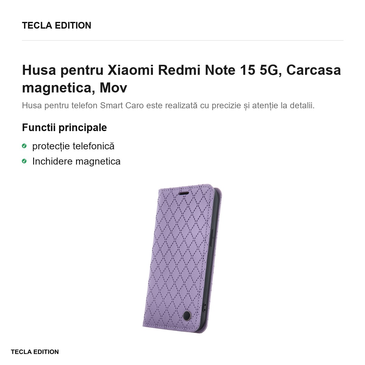 Husa Smart Caro pentru Xiaomi Redmi Note 15 5G, tip carte cu inchidere magnetica, Mov [1]