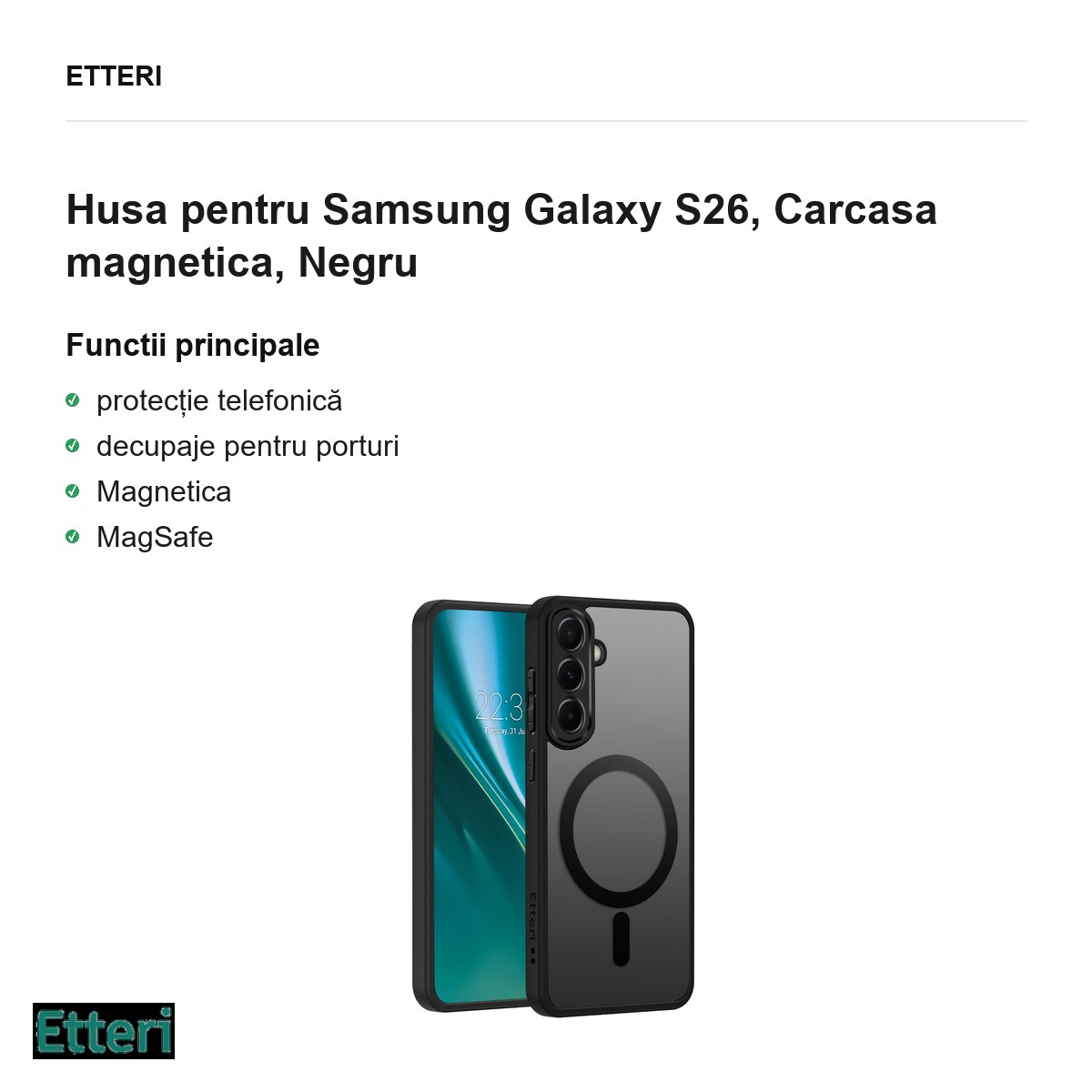 Husa Etteri Matt Mag pentru Samsung Galaxy S26, Carcasa magnetica, Negru [1]