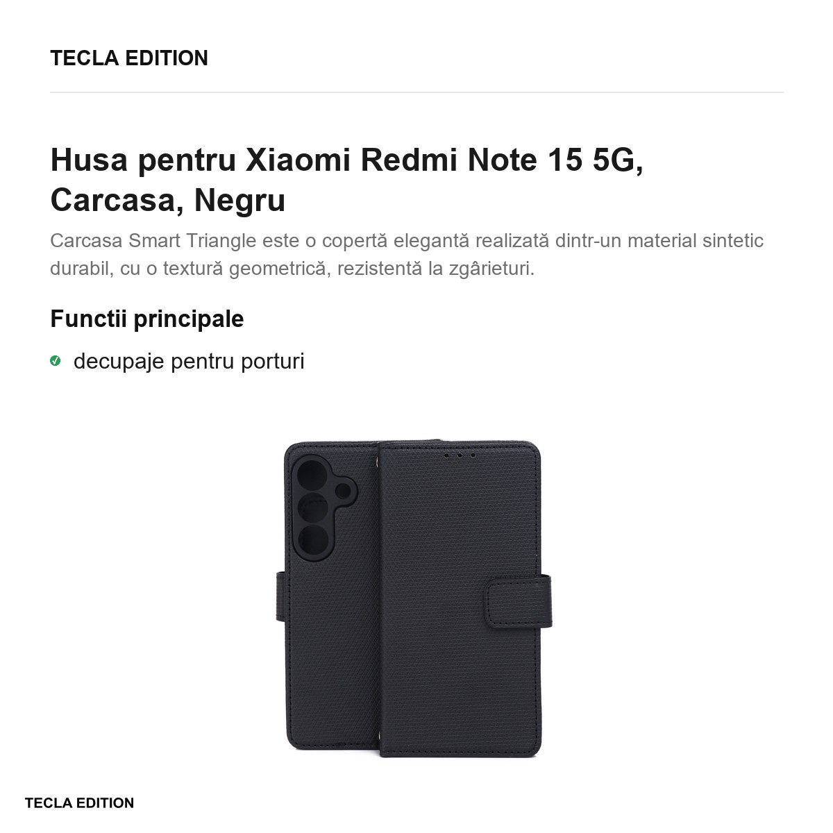 Husa Smart Triangle pentru Xiaomi Redmi Note 15 5G, tip carte, Negru [1]