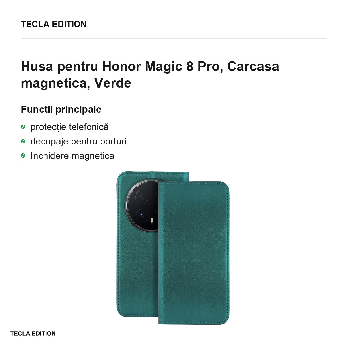 Husa Smart Magnetic pentru Honor Magic 8 Pro, tip carte cu inchidere magnetica, Verde [1]