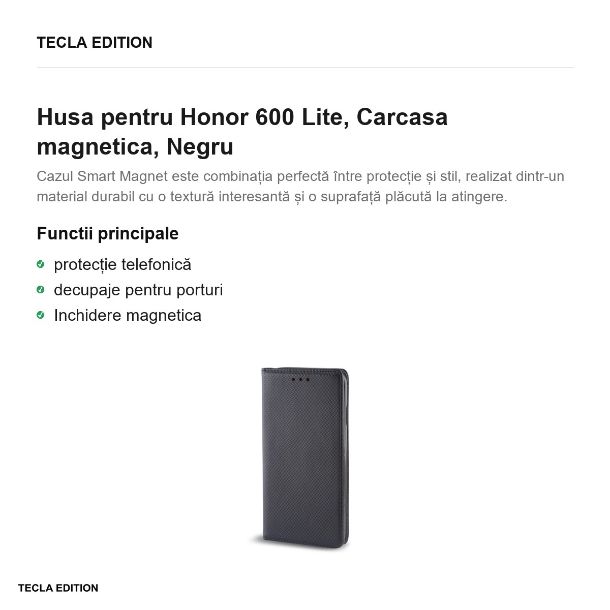 Husa Smart Magnet pentru Honor 600 Lite, tip carte cu inchidere magnetica, Negru [1]