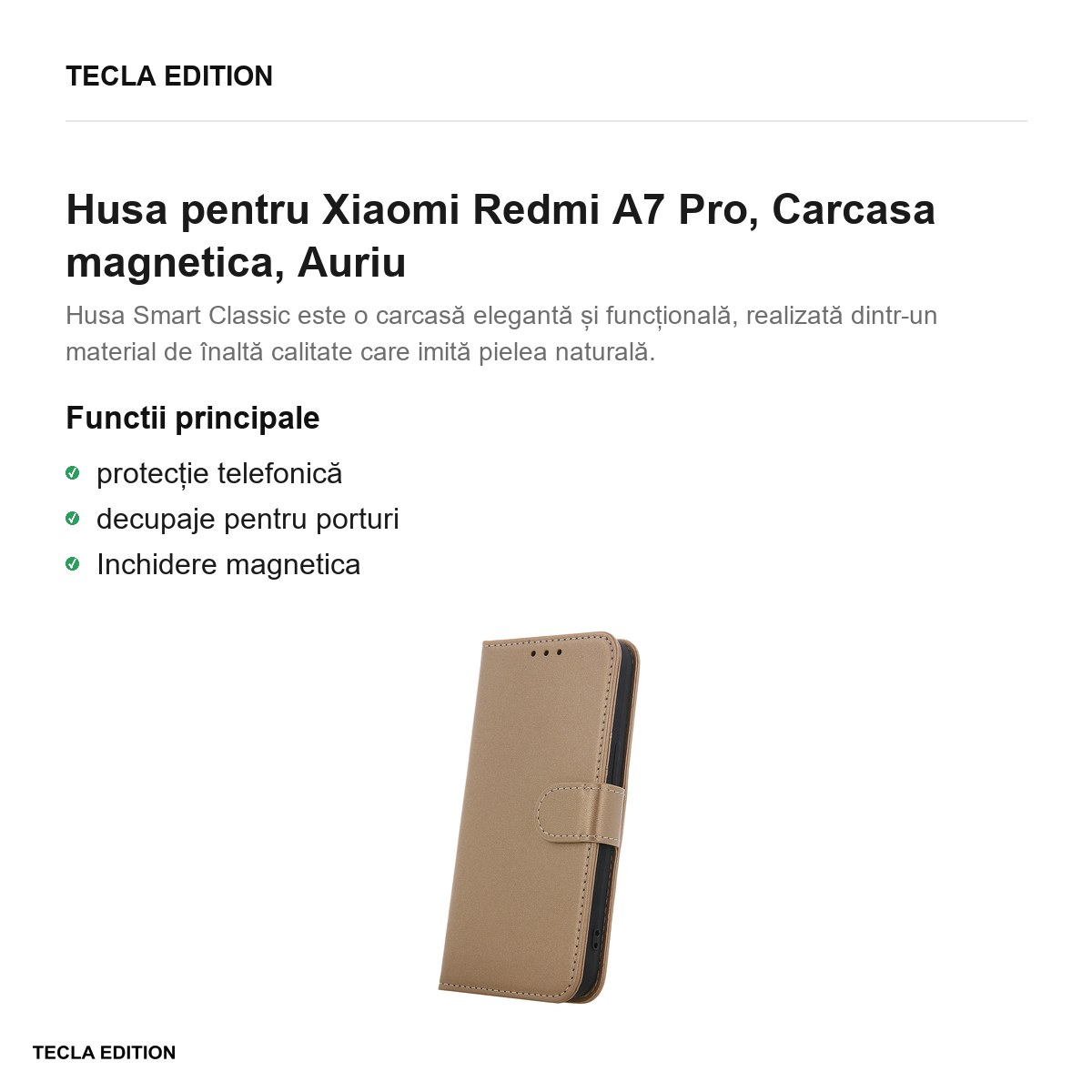 Husa Smart Classic pentru Xiaomi Redmi A7 Pro, tip carte cu inchidere magnetica, Auriu [1]