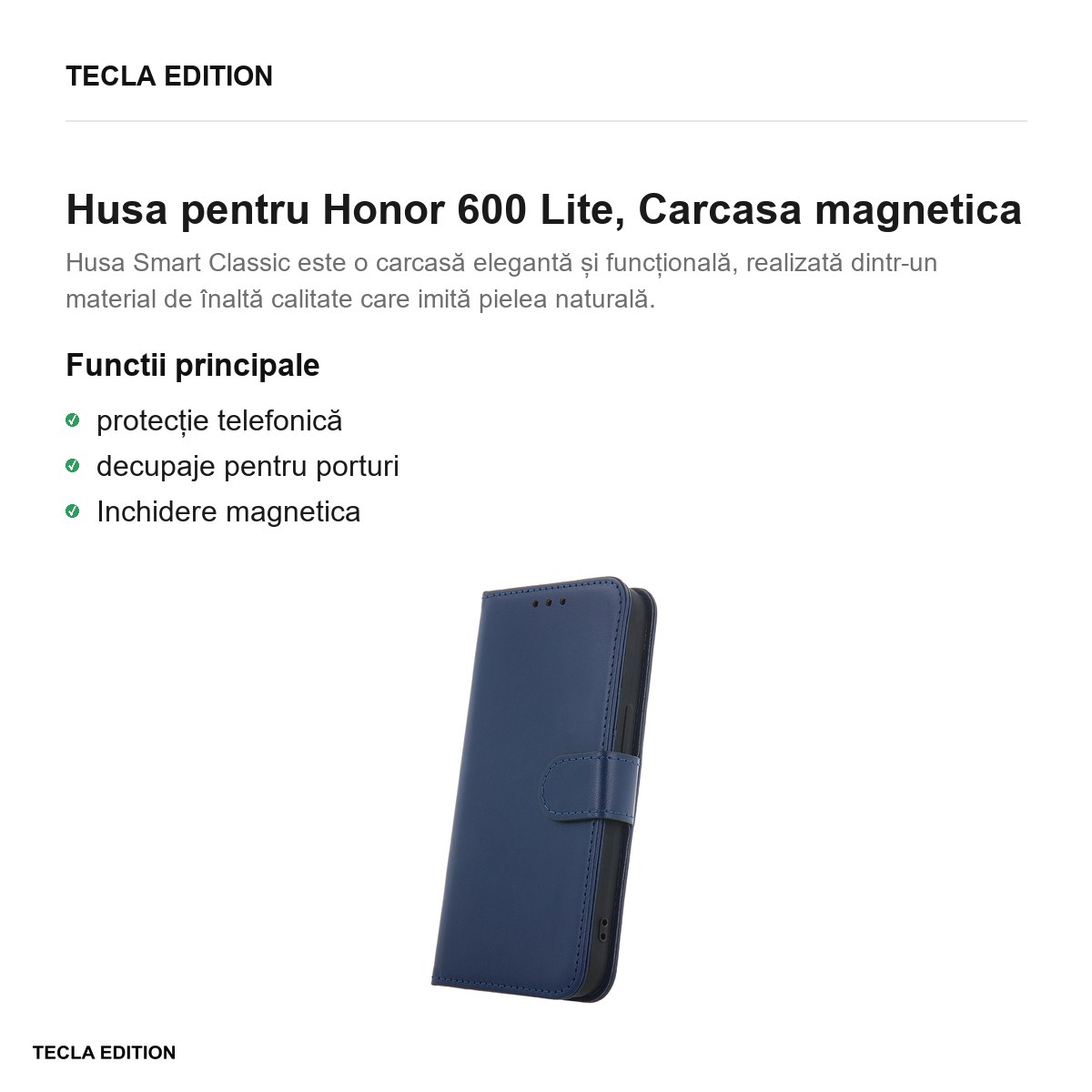 Husa Smart Classic pentru Honor 600 Lite, tip carte cu inchidere magnetica, Albastru [1]