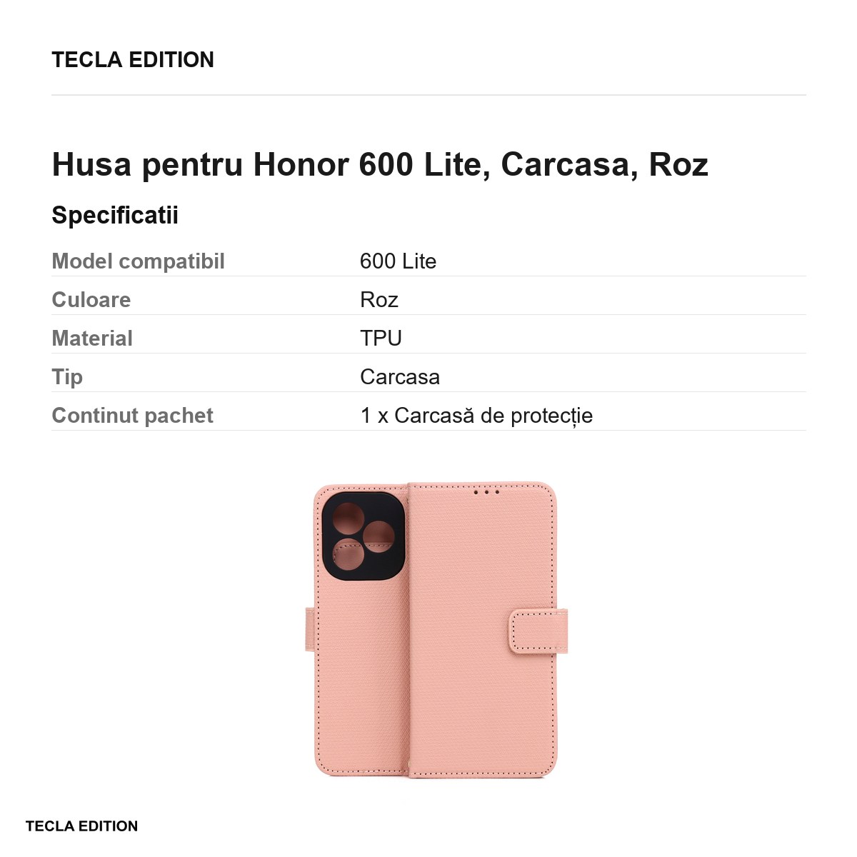 Husa Smart Triangle pentru Honor 600 Lite, tip carte, Roz [2]
