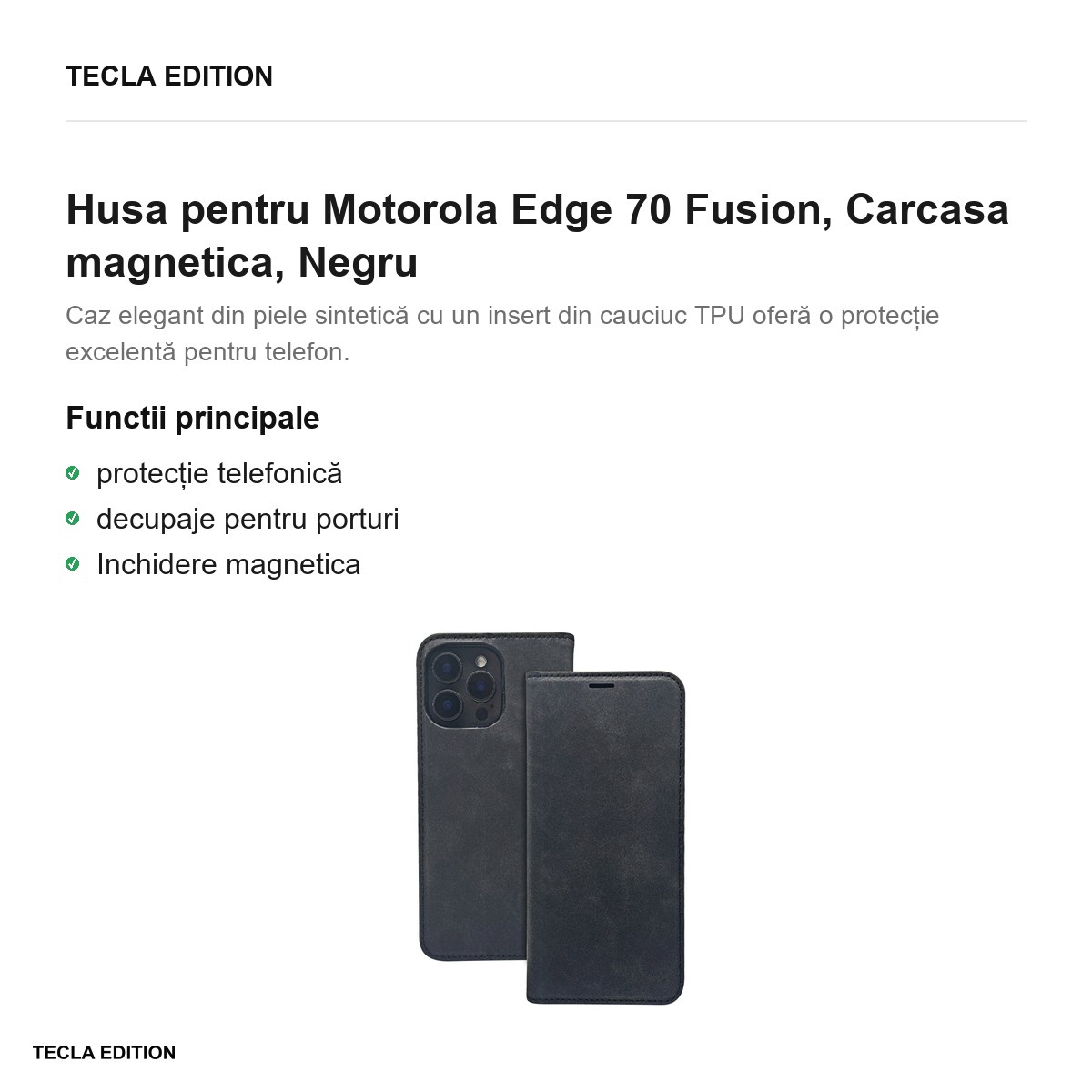 Husa Smart Suede Fusion pentru Motorola Edge 70 Fusion, tip carte cu inchidere magnetica, Negru [1]