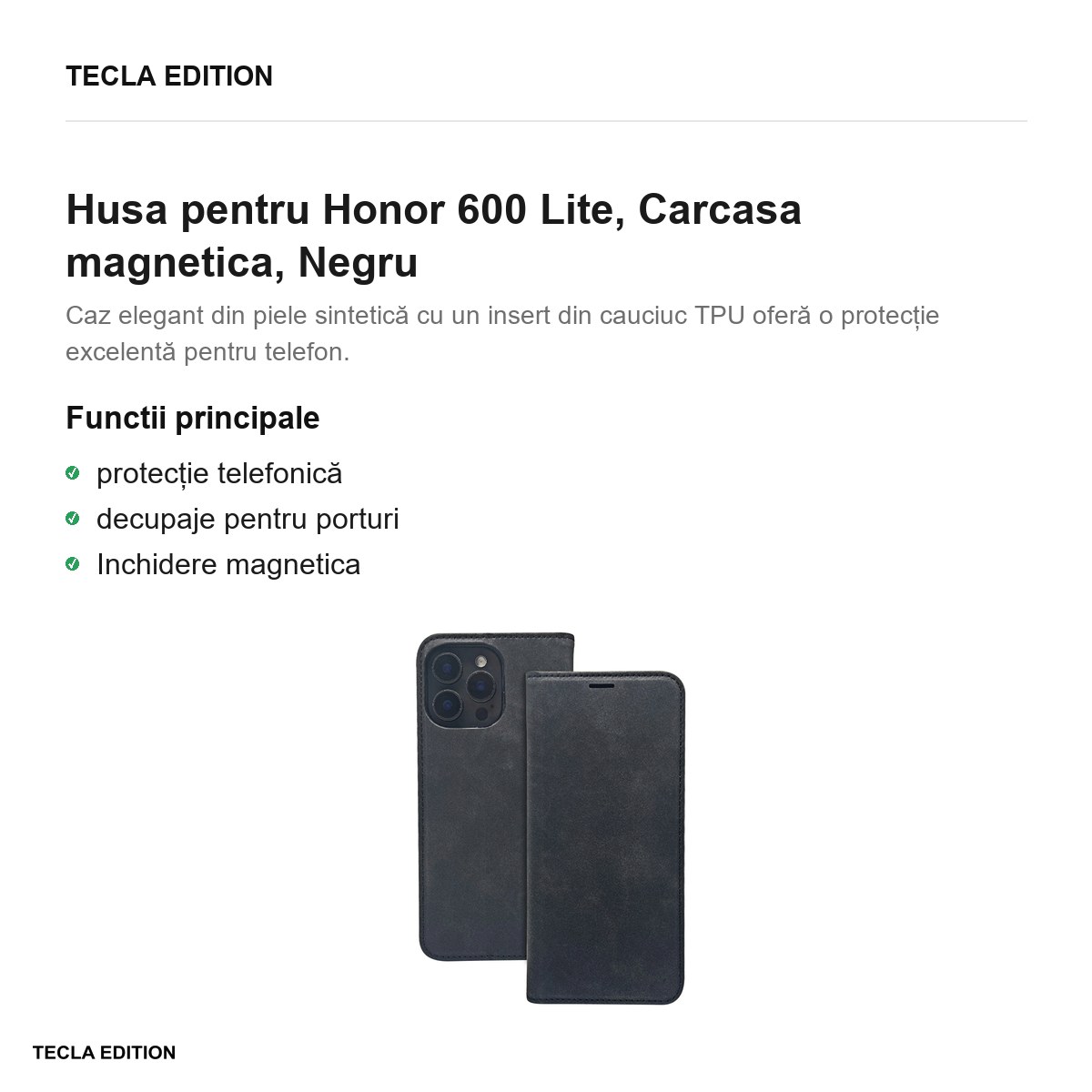 Husa Smart Suede pentru Honor 600 Lite, tip carte cu inchidere magnetica, Negru [1]