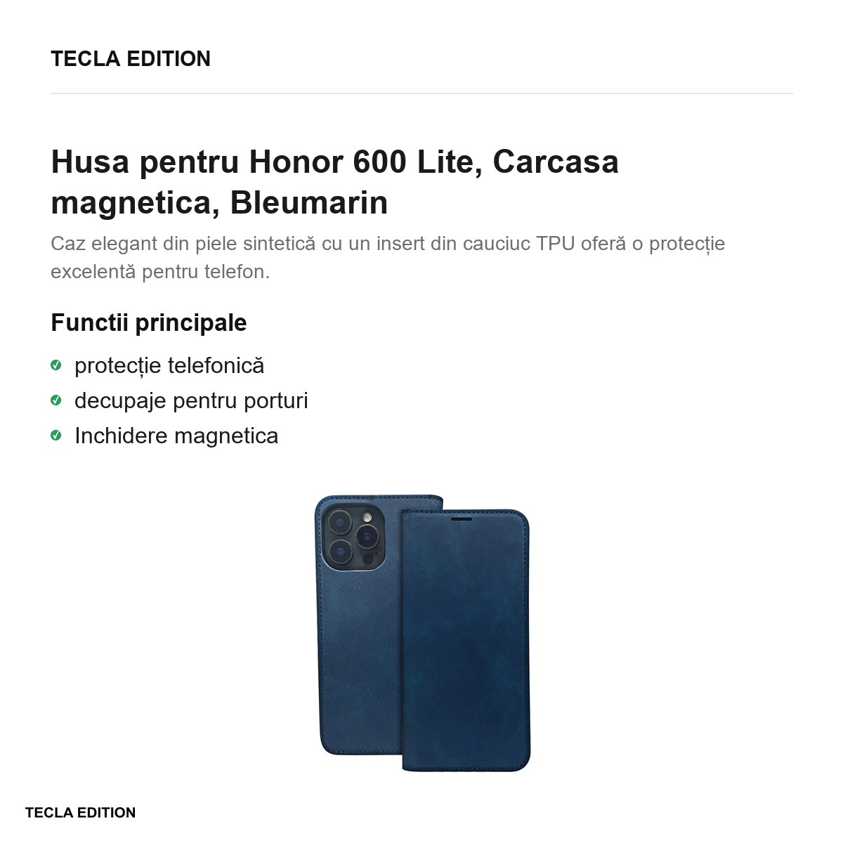 Husa Smart Suede pentru Honor 600 Lite, tip carte cu inchidere magnetica, Bleumarin [1]