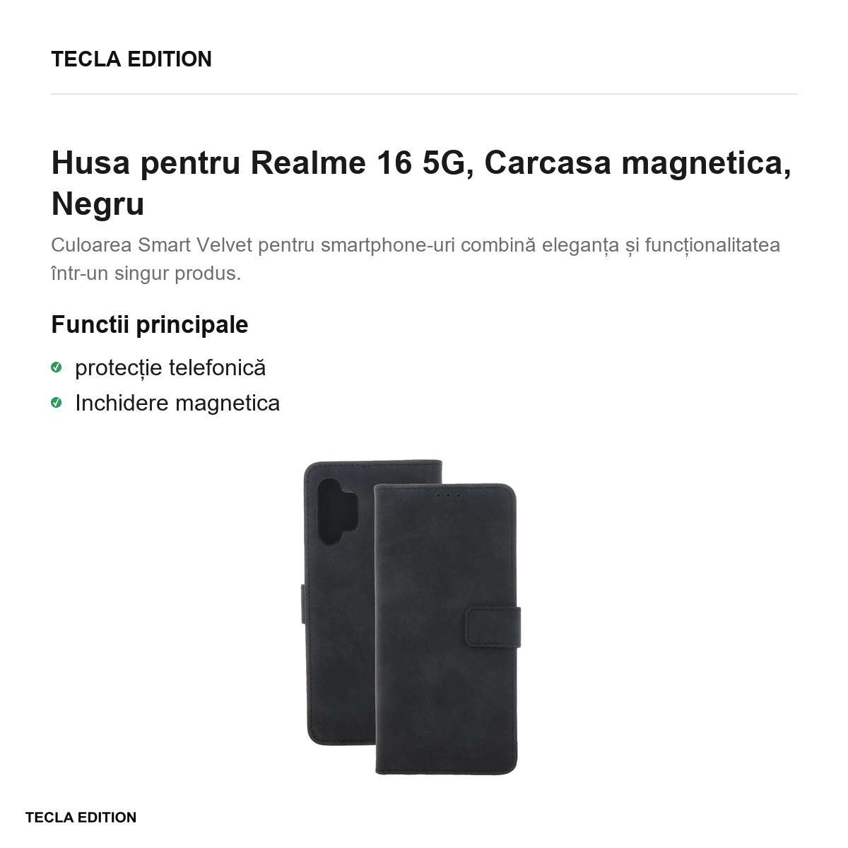 Husa Smart Velvet pentru Realme 16 5G, tip carte cu inchidere magnetica, Negru [1]