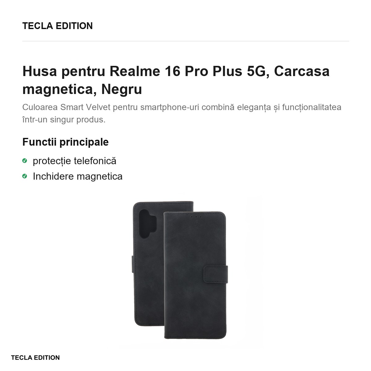 Husa Smart Velvet pentru Realme 16 Pro Plus 5G, tip carte cu inchidere magnetica, Negru [1]
