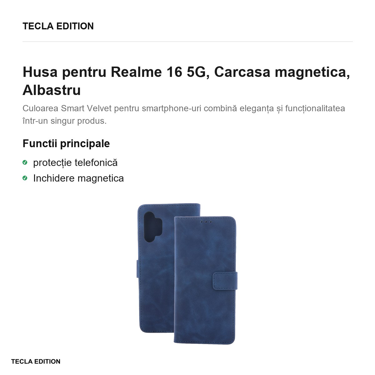 Husa Smart Velvet pentru Realme 16 5G, tip carte cu inchidere magnetica, Albastru [1]