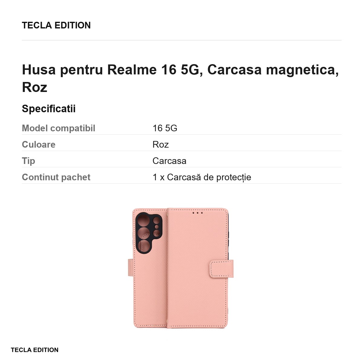 Husa Smart Triangle pentru Realme 16 5G, tip carte cu inchidere magnetica, Roz [2]