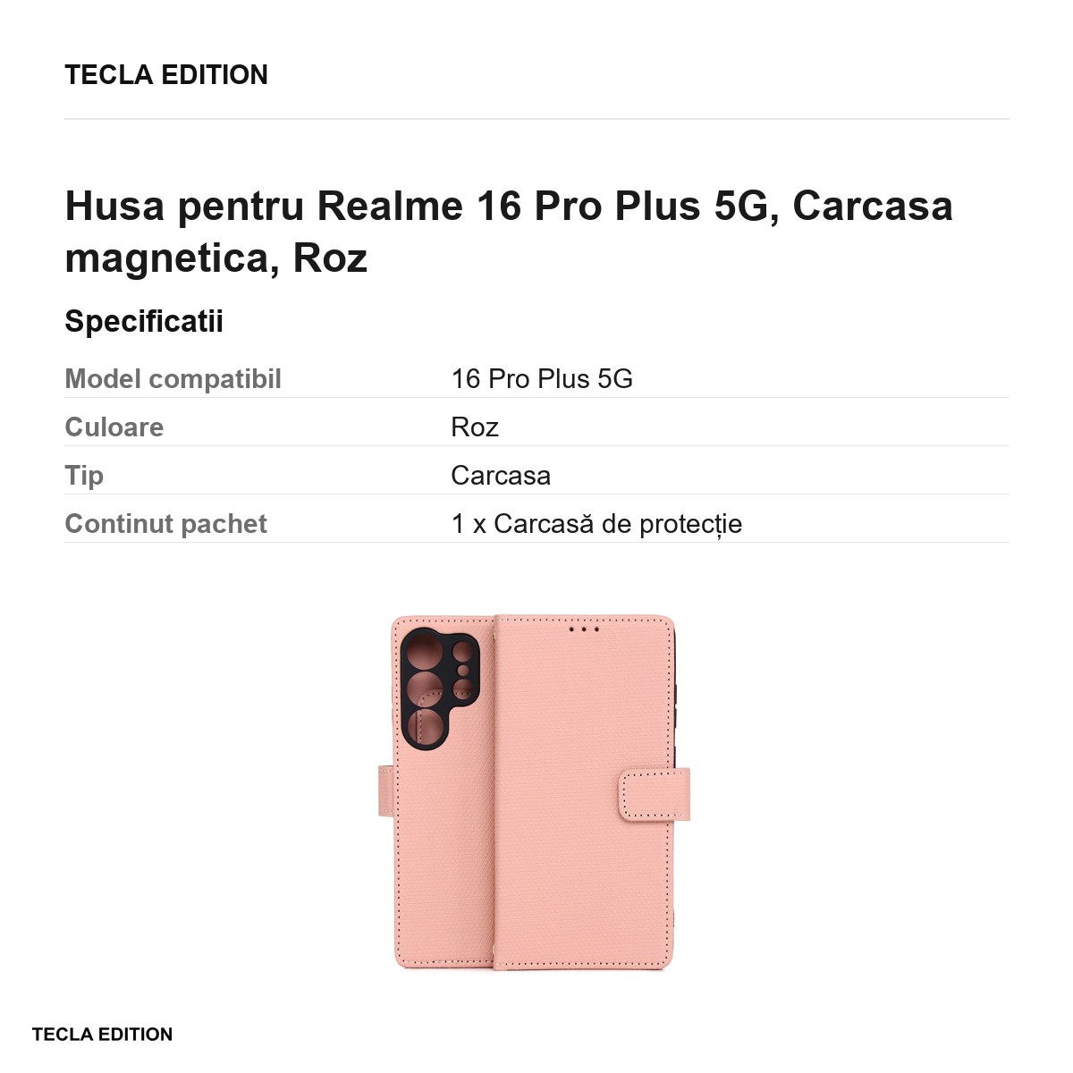 Husa Smart Triangle pentru Realme 16 Pro Plus 5G, tip carte cu inchidere magnetica, Roz [2]