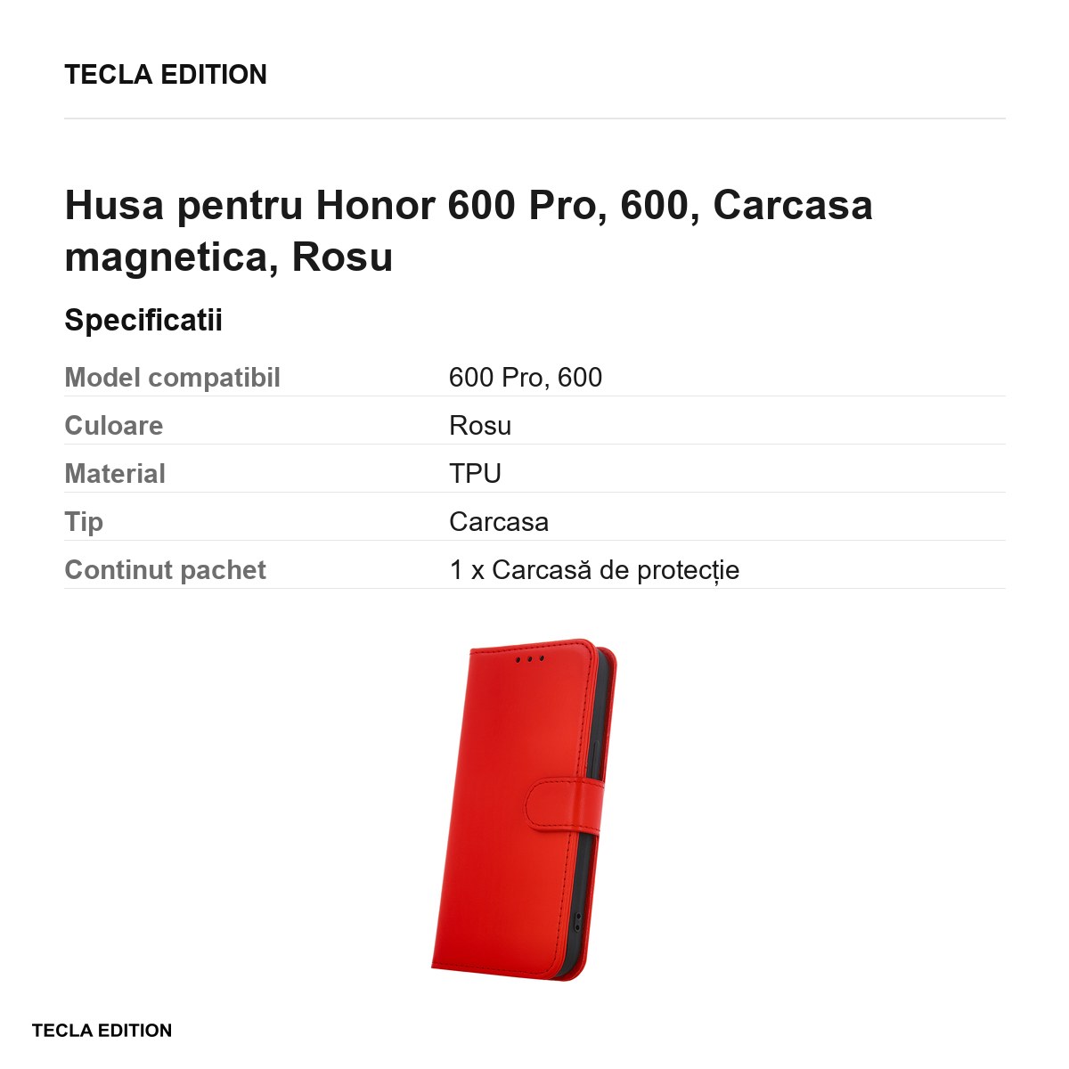 Husa Smart Classic pentru Honor 600 Pro, 600, tip carte cu inchidere magnetica, Rosu [2]