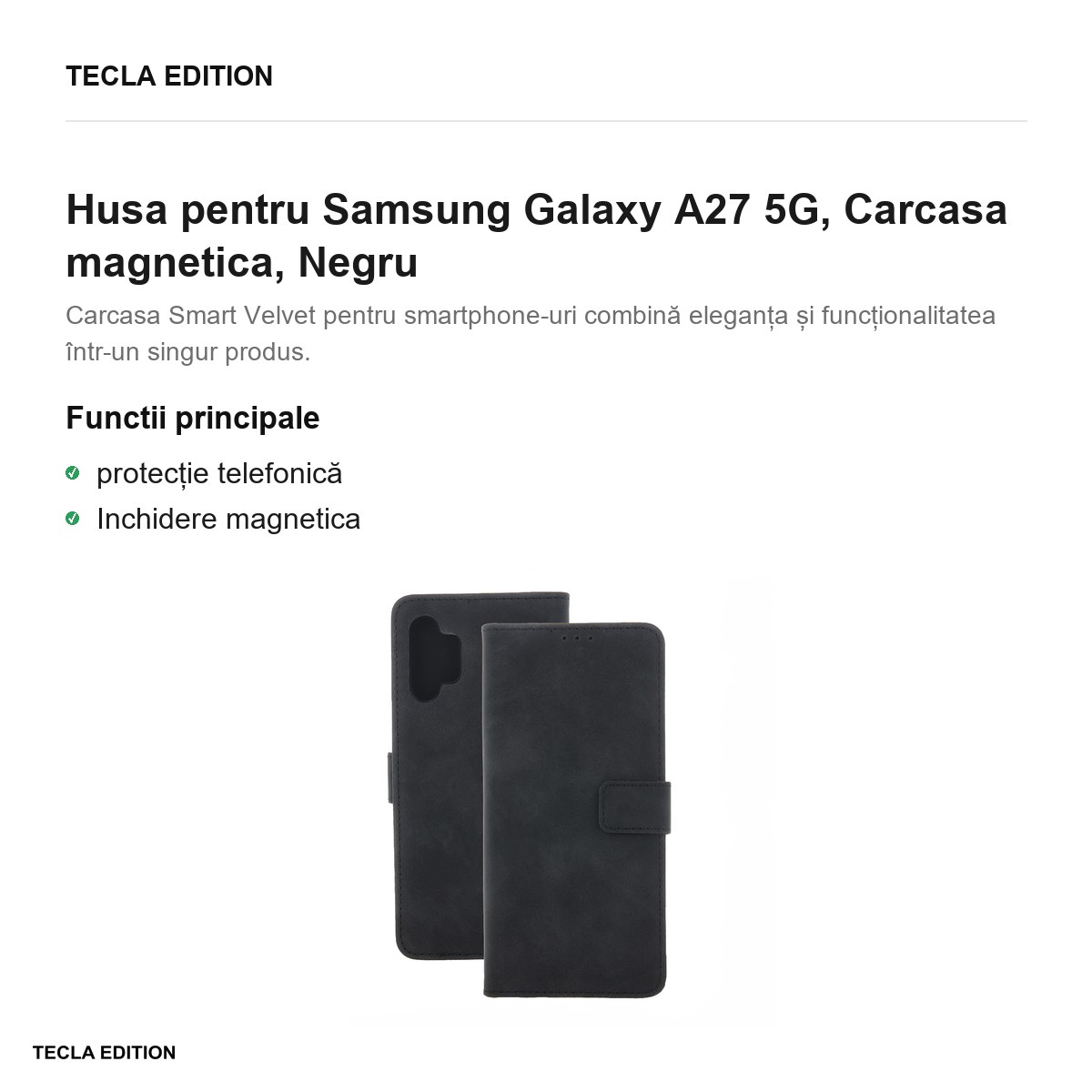 Husa Smart Velvet pentru Samsung Galaxy A27 5G, tip carte cu inchidere magnetica, Negru [1]