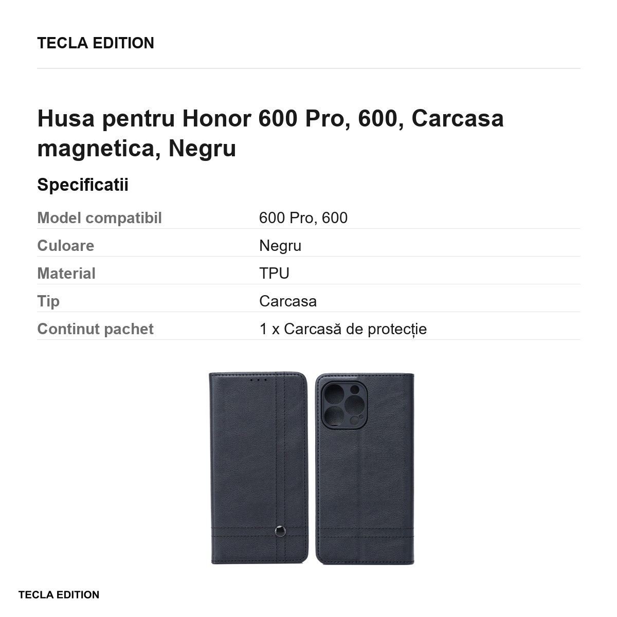 Husa Smart Seam pentru Honor 600 Pro, 600, tip carte cu inchidere magnetica, Negru [2]