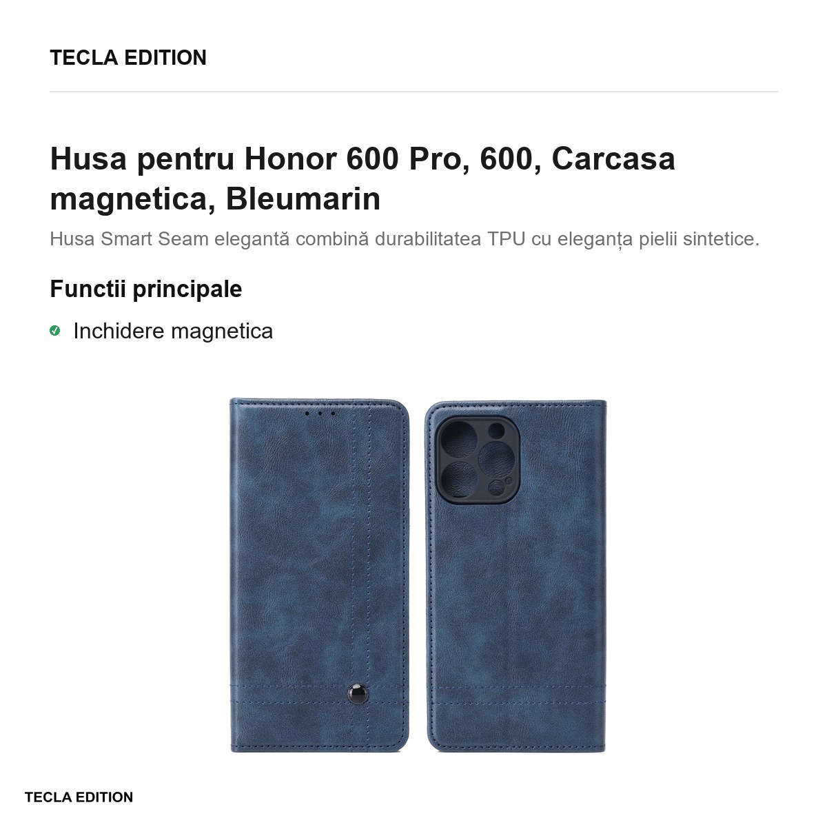 Husa Smart Seam pentru Honor 600 Pro, 600, tip carte cu inchidere magnetica, Bleumarin [1]